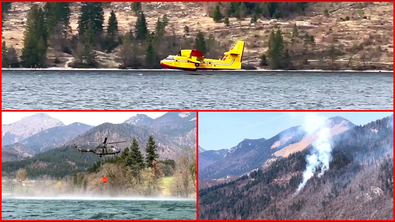 [GOZDNI POŽAR NAD PREDDVOROM] CANADAIR+Helikopterji SV - zajemanje vode in gašenje požara