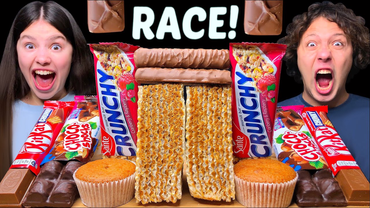 ASMR LEFTOVER CHOCOLATE DESSERT RACE EATING (CAKE, KITKAT, CRUNCHY, CANDY BARS) 먹방 | Tati ASMR