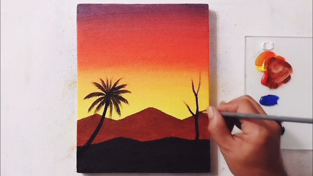 Easy Sunset Painting | Canvas Painting for Beginners Size 20x25 cm