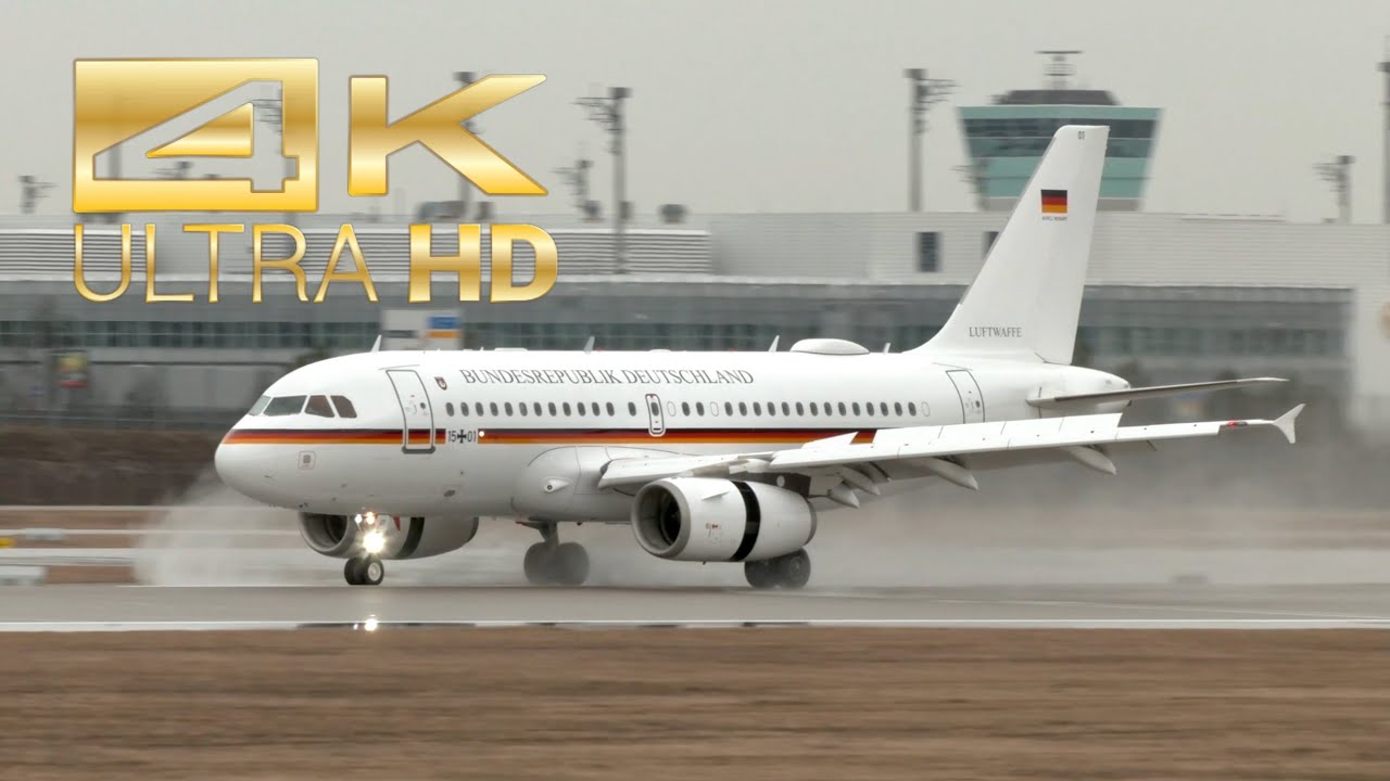 (4K) Airbus ACJ319 A319-115CJ Luftwaffe German Air Force 15+01 arrival Munich Airport MUC EDDM SIKO