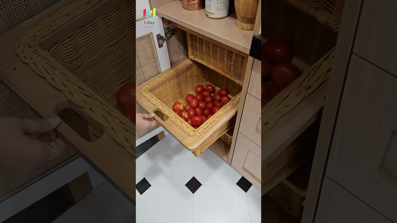 Smart Kitchen Storage Idea | Wicker Baskets in Cabinet for Fruits & Vegetables | i-Zay Home
