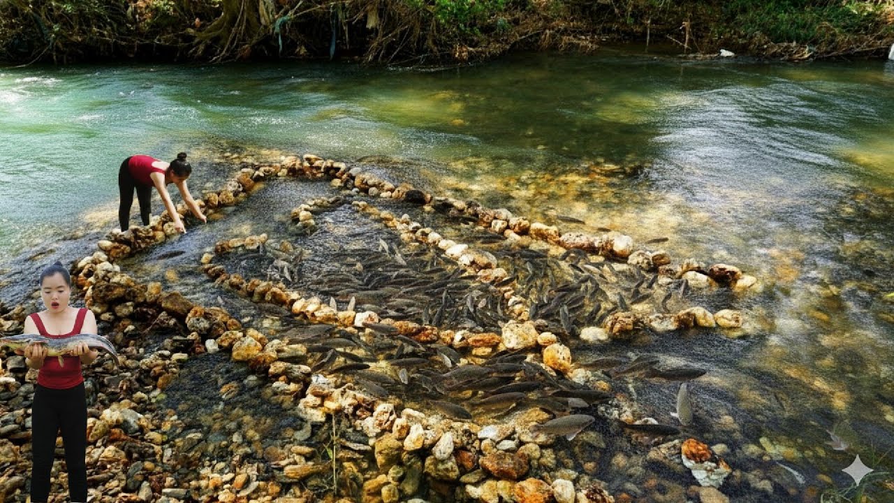 rudimentary fish trapping skills: stacking rocks to form a fish trap _ Truong Thi Ghen