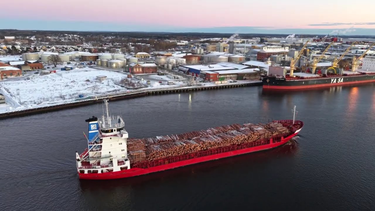 Norway, Fredrikstad: Timber Transport by Sea | Merita Cargo Ship | 4K Drone Footage