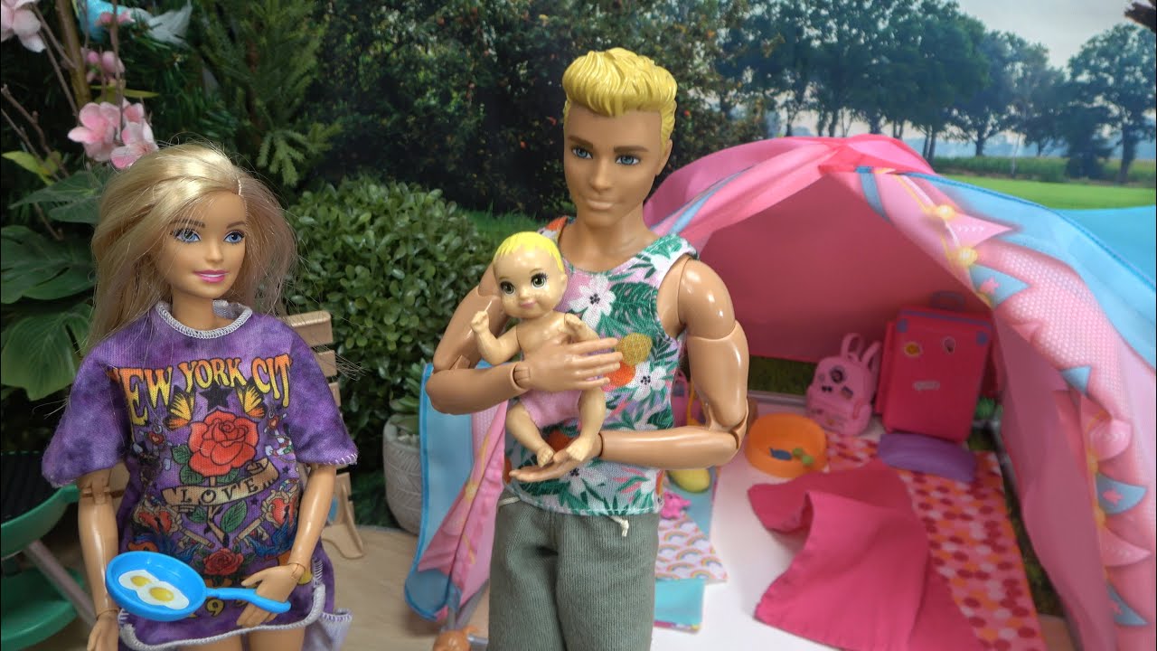 Barbie and Ken w Barbie's Baby and Sister Chelsea: Pink Camper Morning Routine and Barbie Pool Fun