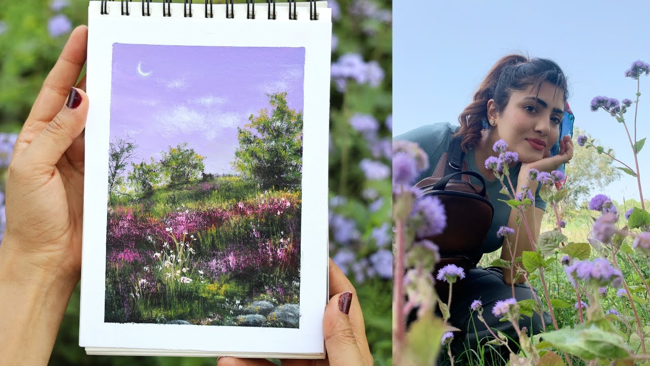 ✨Simple & Relaxing painting for Weekend 🌈/ Wild Flowers with Purple sky Painting for Beginners💫.