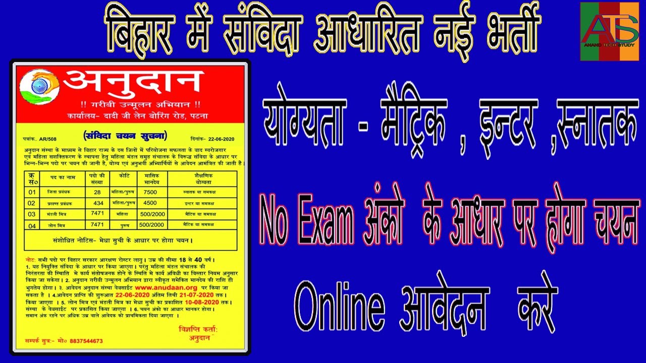 Bihar new vacancy 2020|Contract basis application|Anudan New Reqruitment|BiharSarkar|Bihar New Job