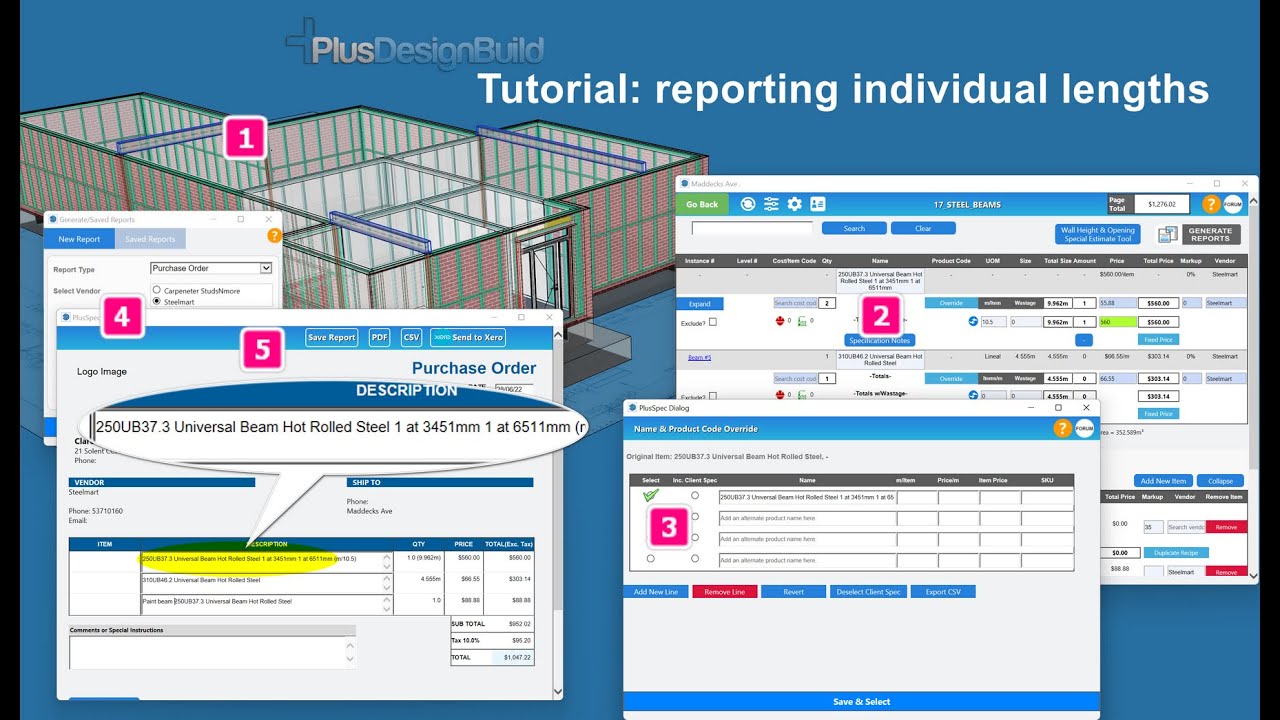 How to report and create purchase orders for individual lengths of Steel in PlusDesignBuild