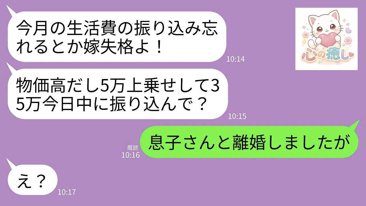 【LINE】夫と離婚した翌月にブチギレて連絡してくる元義母「生活費の振り込み早く！今月から5万あげて35万にしなきゃ離婚させる！」→真実を伝えたら元義母が顔面蒼白にwww