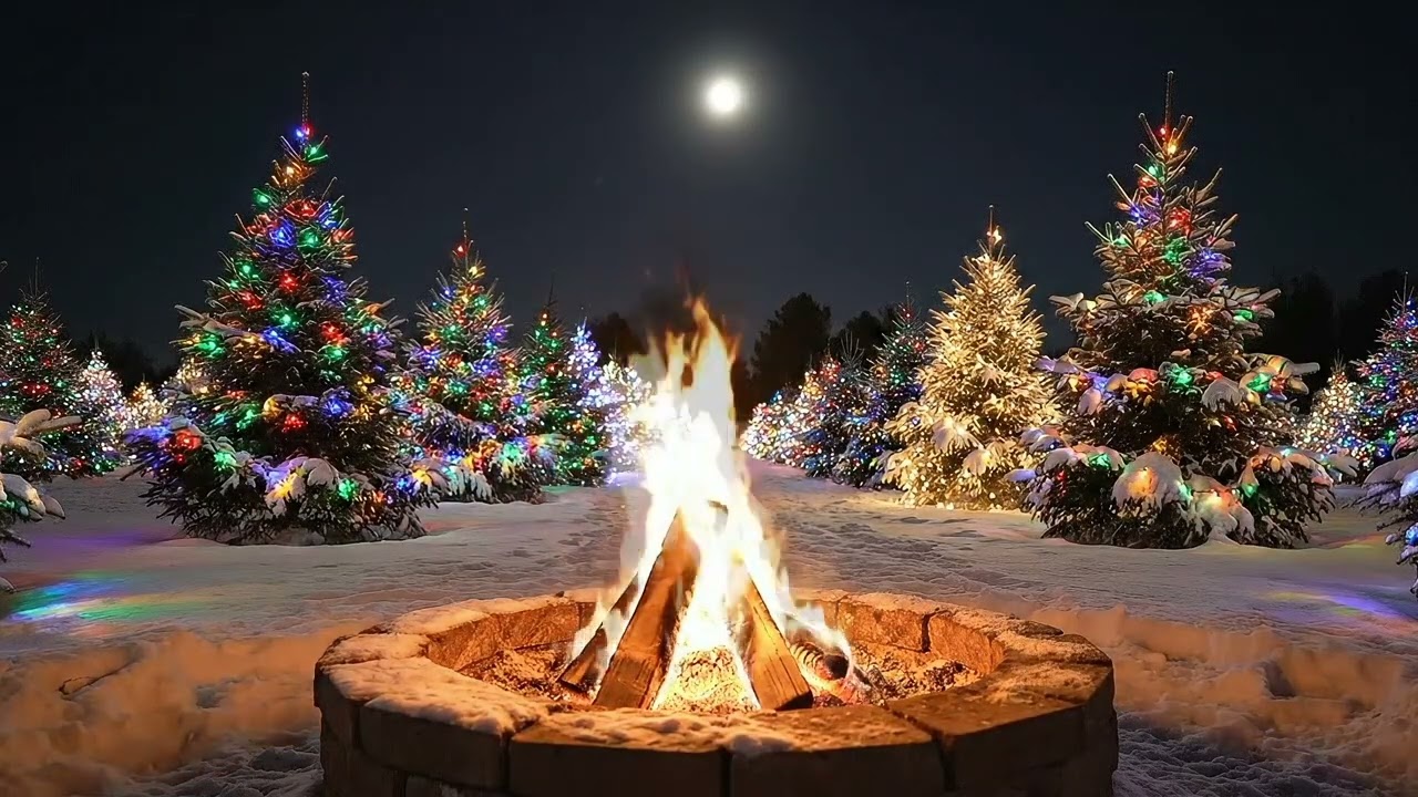 Bonfire in the Christmas Tree Farm 🎄 | Multi-Colored Lights & Cozy Holiday Ambience