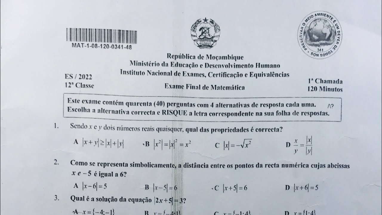 Resolução de Exames de Matemática  12 classe - 1ª Época 2022