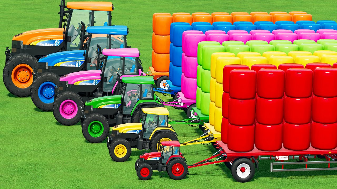 Transporter with Colors! TRANSPORTING & BALING GRASS BALE with MINI TO BIG New HOLLAND TRACTORS!