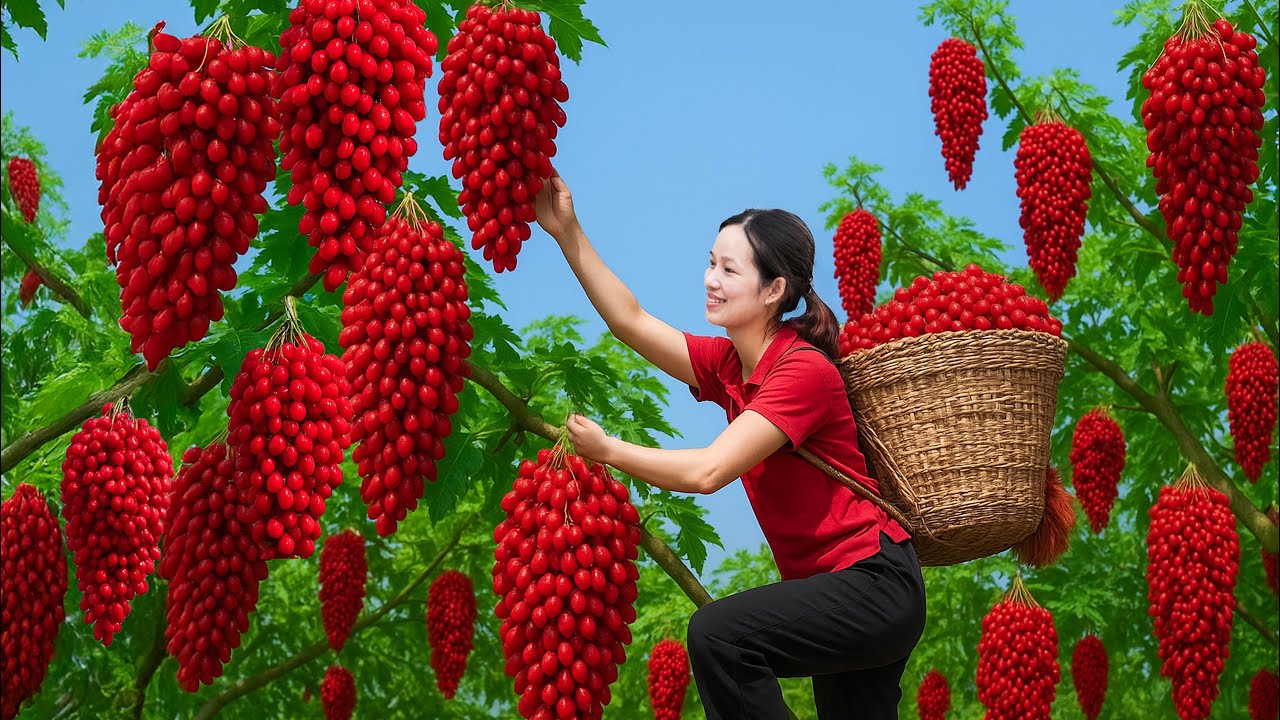 Brave Woman Climbs Tall Tree in Tropical Jungle to Harvest Muscadine Grapes to Market for Sale