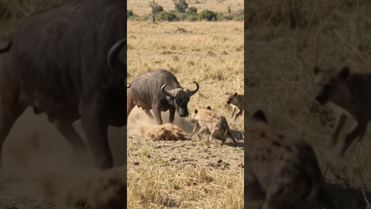 Cape buffalo stands its ground and charges at a clan of hyenas in the savannah.