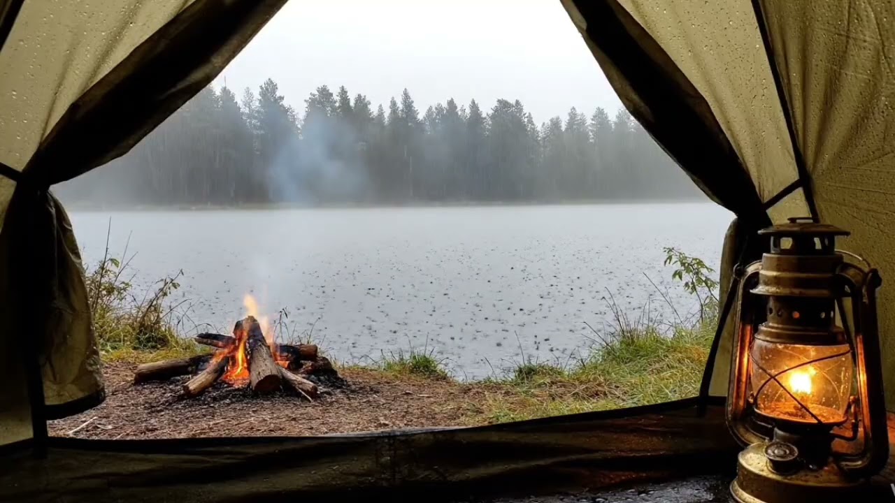 Rain on Lake Inside Cozy Tent with Campfire 🔥 Relaxing Sleep Ambience #asmrrain #relaxingmusic 