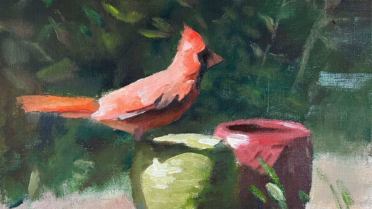 Oil Painting of a Cardinal Bird with Pots