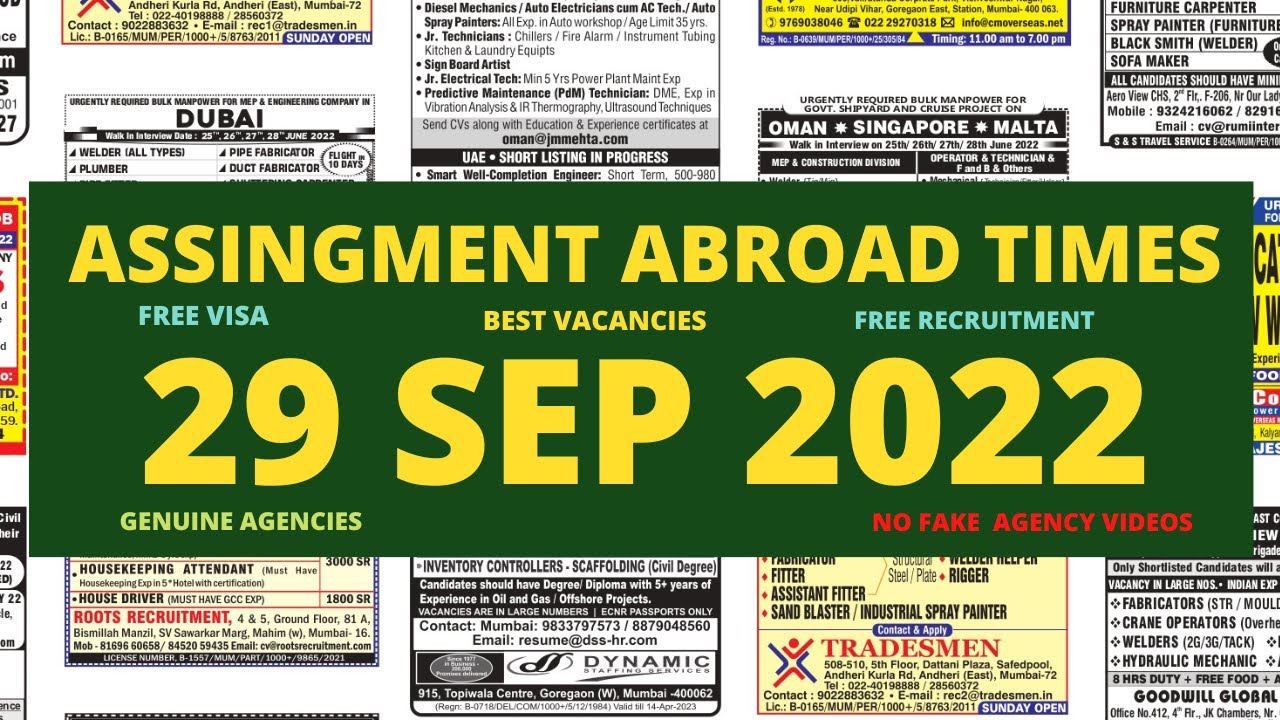Assignment Abroad Times Today, 29 Sep 2022, Overseas Jobs, Assignments Abroad Times Newspaper