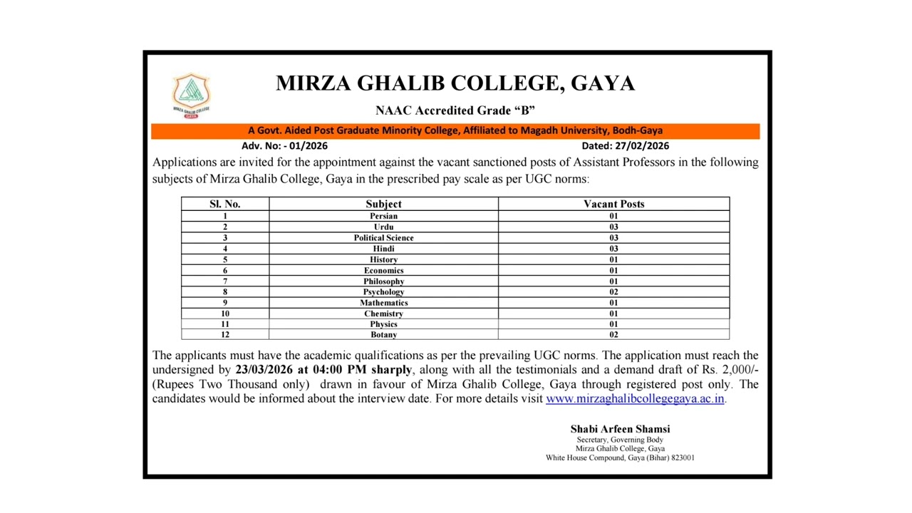 Mirza Ghalib College, Gaya Recrutment of Assistant Professor March, 2026....
