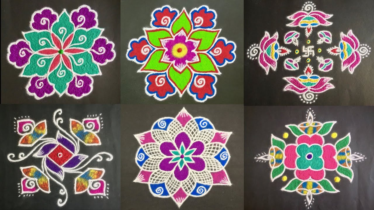 9x5,11x1,9x1,7x7,7x4 Beautiful Rangoli Designs with Colours | Easy Lotus Flower & Deepa Kolams