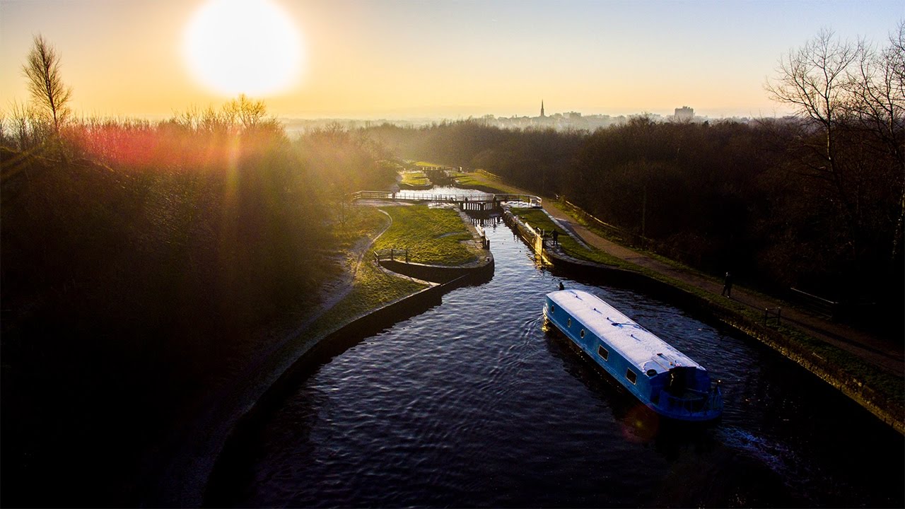 Rabbit rocks, Wigan canal and narrowboat shot with drone.