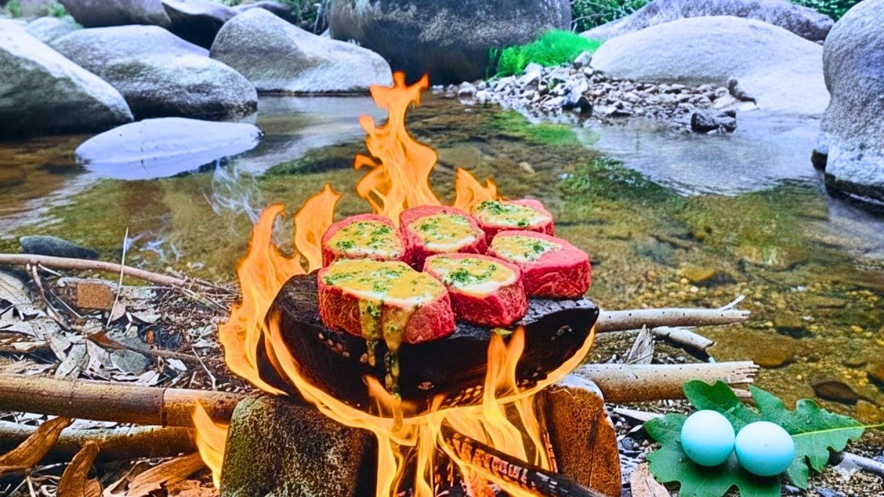 Примитивная кухня: рибай на камне с гарниром из диких продуктов