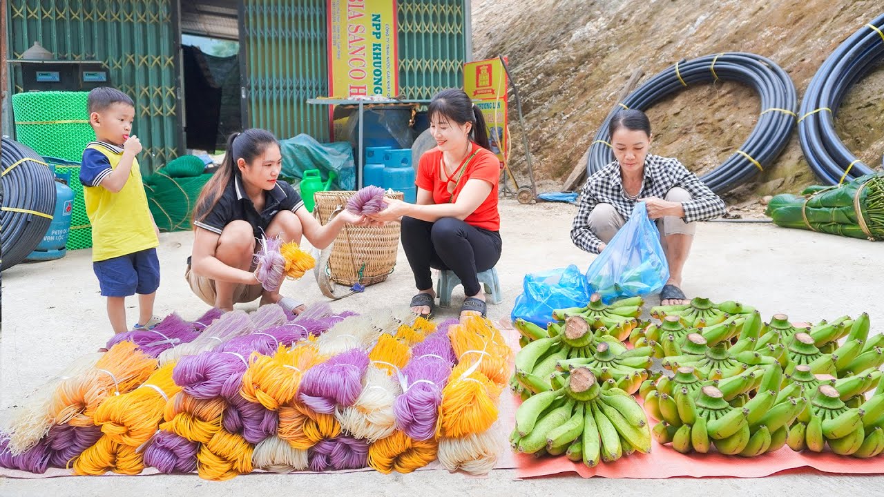 Harvesting Banana And Bring Colorful Dry Noodles Goes To Countryside Market Sell. My Bushcraft