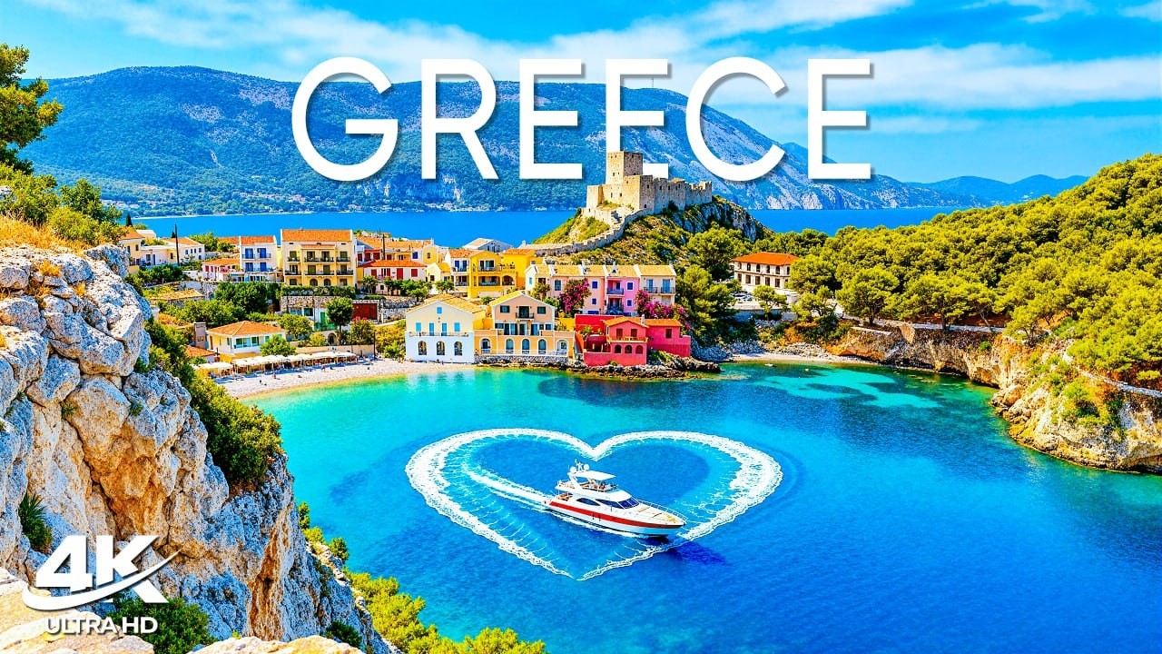 [4K] Греция 🇬🇷 Деревня Ассос, бирюзовое Ионическое море и замок на вершине холма