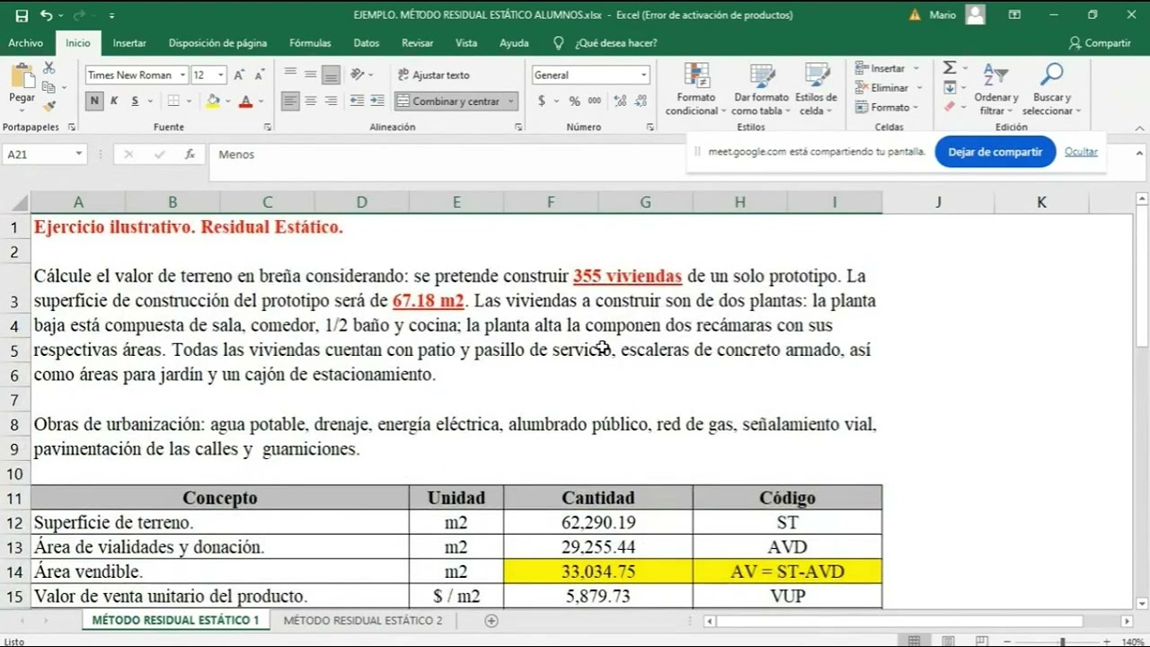 valor de un terreno con el Método Residual Estático
