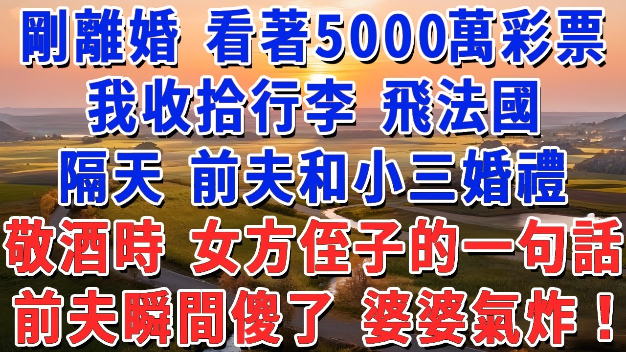 剛離婚 看著中5000萬彩票，我收拾行李 飛法國，隔天 前夫和小三婚禮，敬酒時 女方侄子的一句話，前夫瞬間傻了 婆婆氣炸！#妮妮故事會 #情感故事 #老年生活