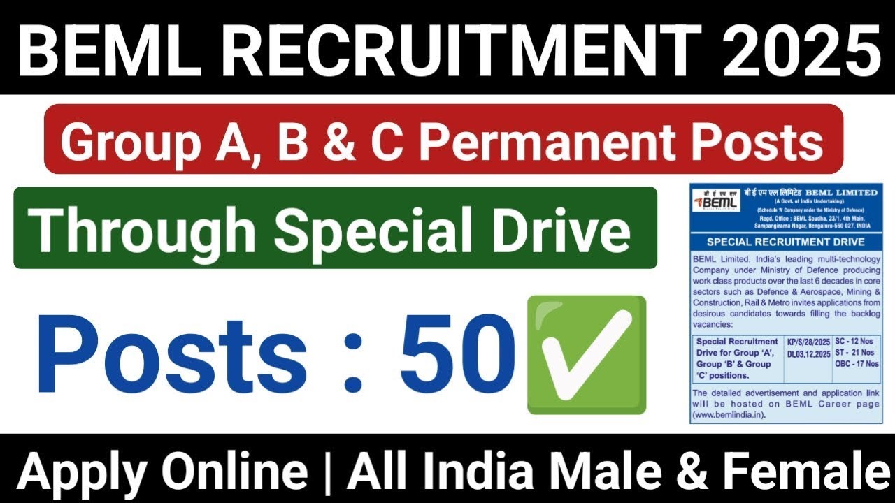 BEML Recruitment 2025: 50 Group A, B & C Posts &ndash; Notification, Eligibility & Apply Link