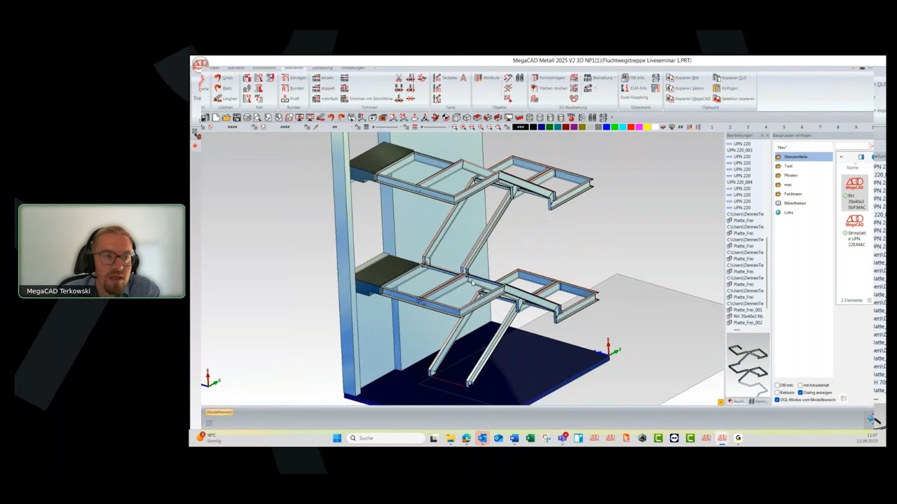 Treppenturm konstruieren mit Metall 3D – Stützprofile setzen am Gestell (Webinar-Ausschnitt)