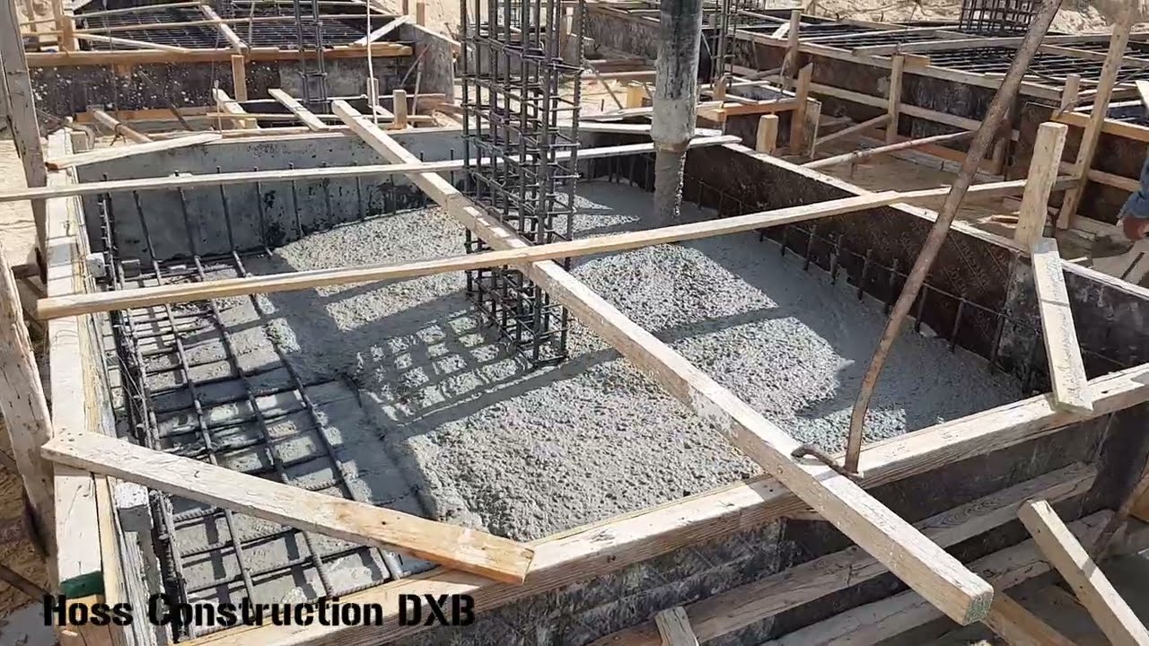 5 floors building foundation concrete pouring. Ready mix concrete pumping technique.