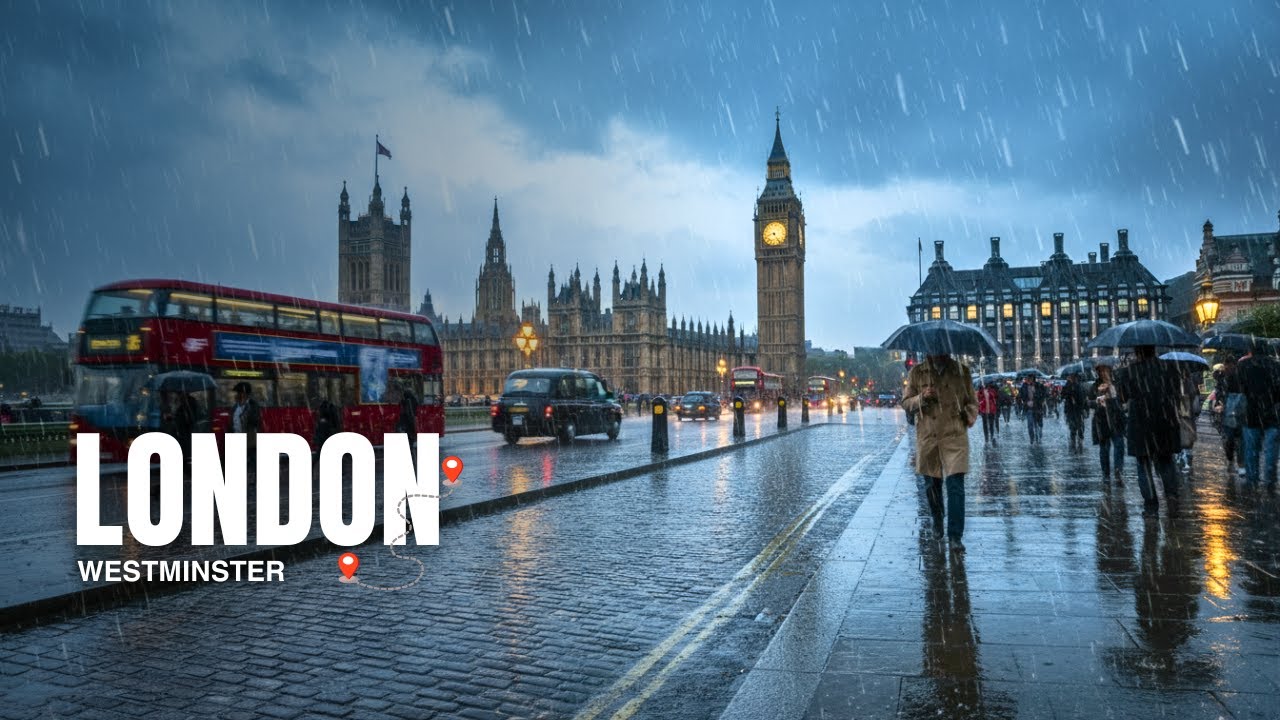 🌧️ Rainy London Walk | Westminster Palace Walking Tour 4K HDR | Big Ben, London Eye & Thames River