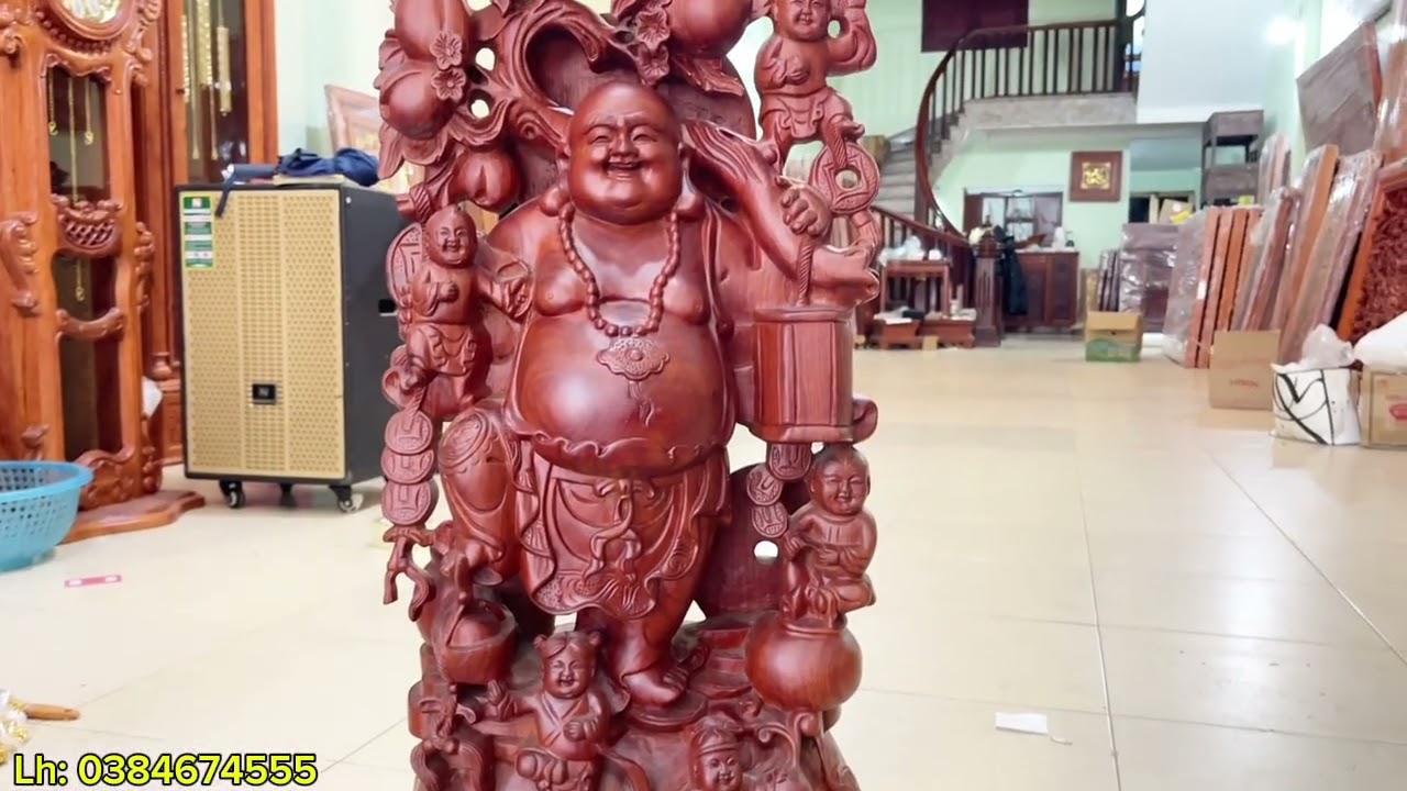 Đẹp mê! 2 tác phẩm di lặc ngũ phúc gỗ hương đá đục kỹ sắc nét.