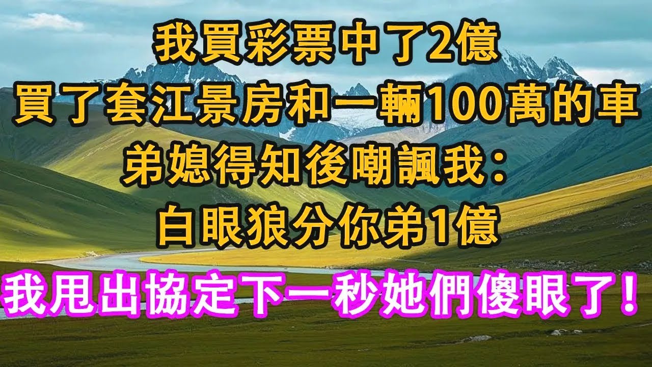 我買彩票中了2億，買了套江景房和一輛100萬的車，弟媳得知後嘲諷我：白眼狼分你弟1億，我甩出協定下一秒她們傻眼了！#情感需求 #家庭 #故事
