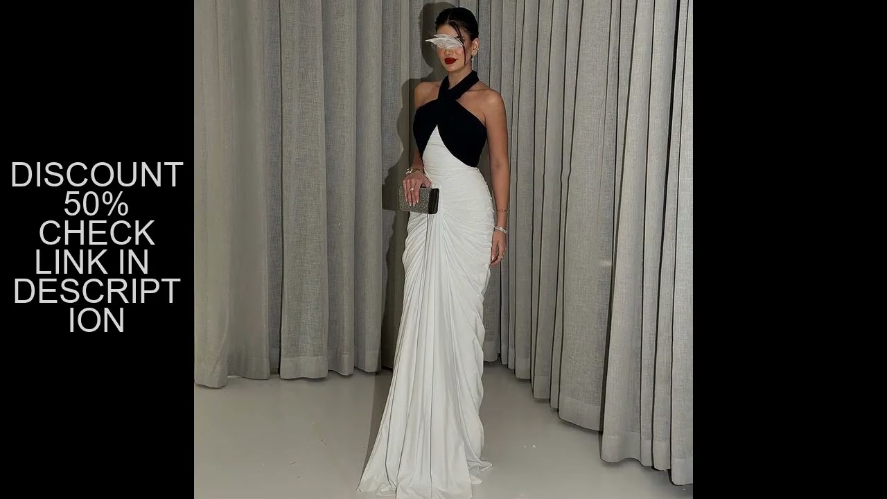 Modern Women's Evening Dresses Contrast Color Satin Sheath/Column Party Dress Black and White Halter