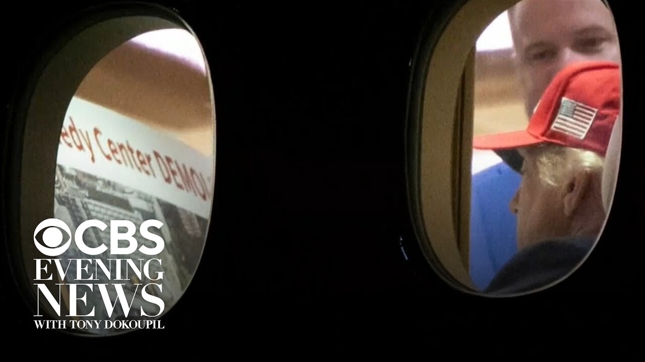 Photo shows Trump viewing pile of rubble under words, 