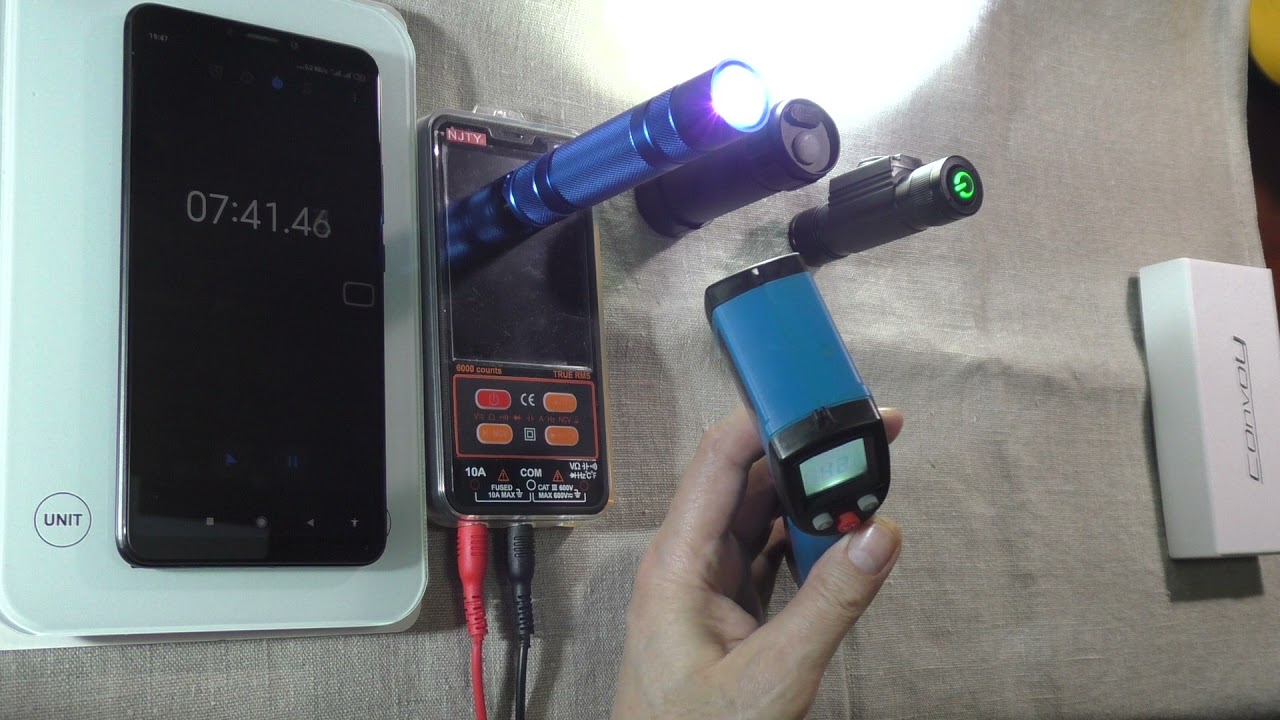 Тест на нагрев до 50грС . Фонари BORUIT XPE и BORUIT HP300 , Convoy S2+ на  SST20.