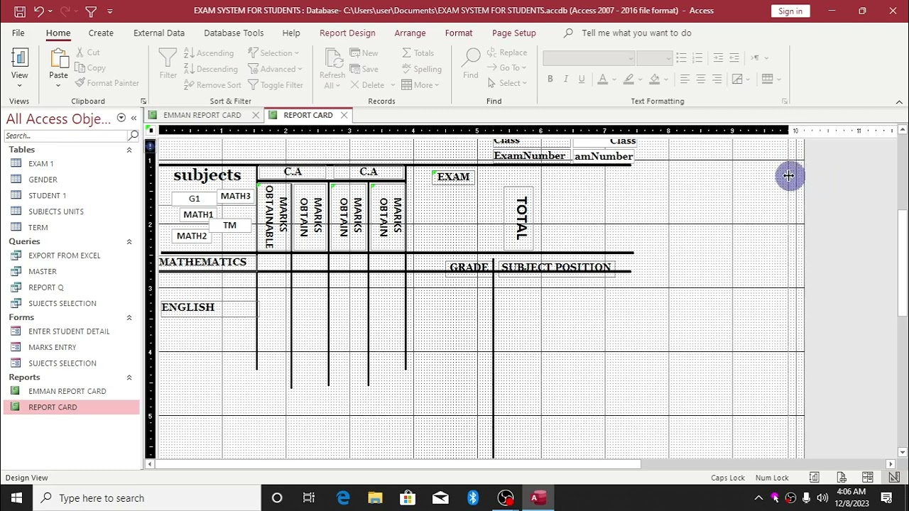 DESIGNING REPORT CARD WITH MS ACCESS REPORT