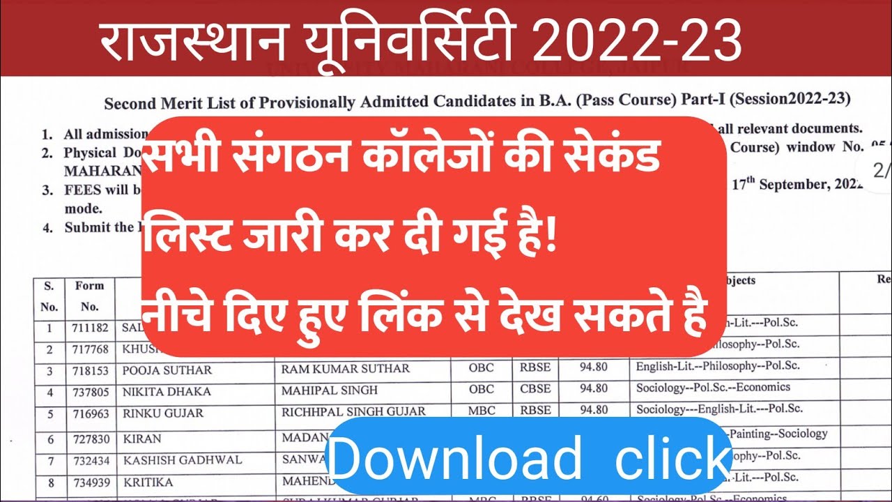 Rajasthan College 2 merit list 2022 |Maharaja college 2nd merit list | Maharani college 2nd merit