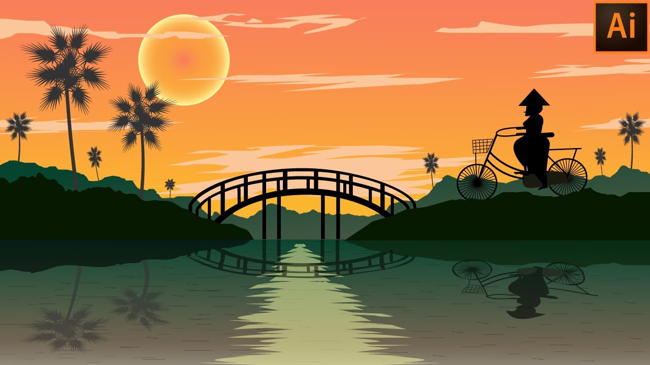 How To Draw A Beautiful Sunset/Evening Landscape Scenery In Illustrator.Sunset Illustration Tutorial
