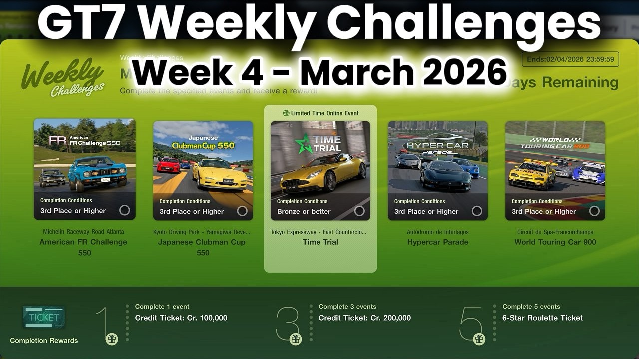 GT7 Weekly Challenges March 2026 Week 4 +Tunes/Car Setup. Earn 1.6m credits in 1 hour Gran Turismo 7