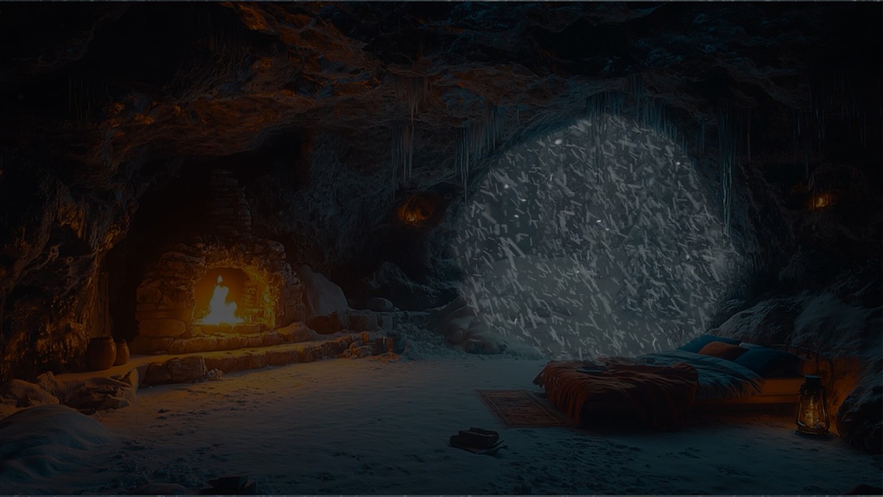 Winter Cave Bedroom Ambience – Cozy Fireplace & Snow Falling for Relaxation and Sleep