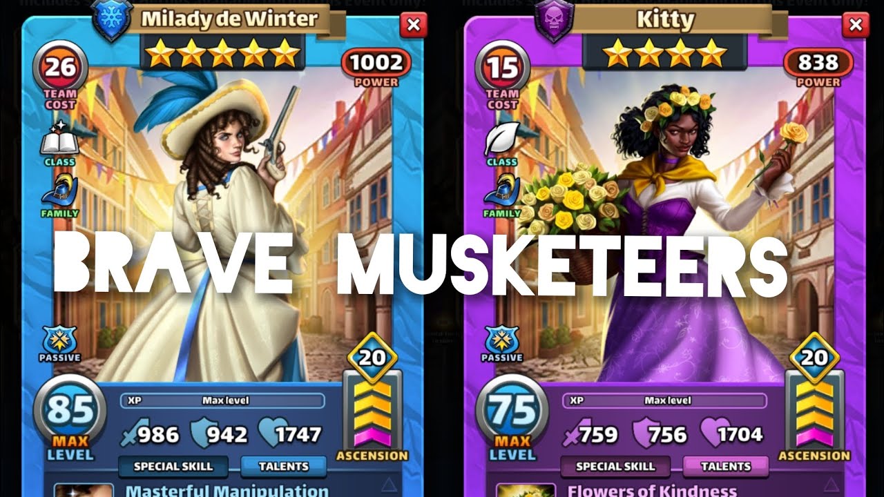 Empires & Puzzles Milady de Winter Kitty Planchet & Felton Brave Musketeers, Finally A 1 for All!! 👏