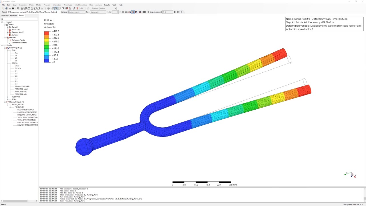 Natural frequencies analyse of tuning forke | PrePoMax