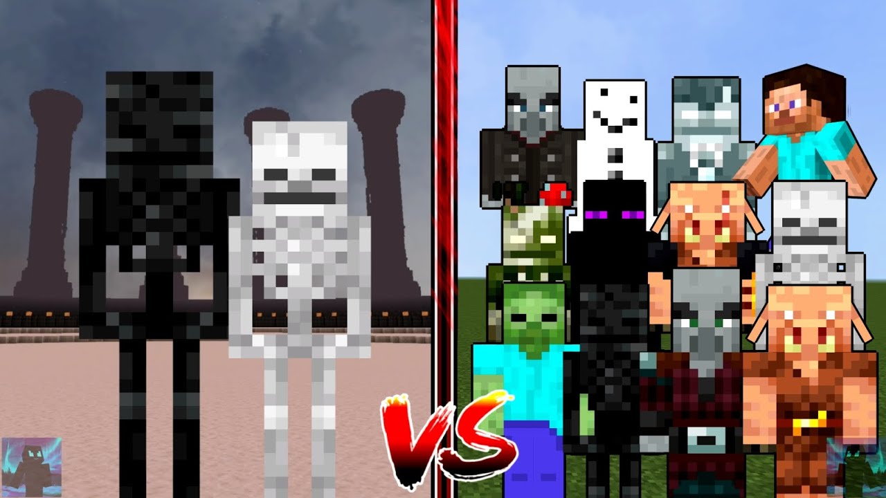 Skeleton + Wither Skeleton vs every mob, all mobs, Herobrine | Minecraft PE Mob Battle