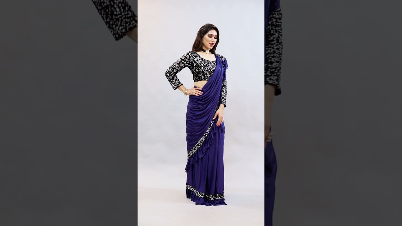 Latest Designer Ready to Wear Lycra Saree with Sequins and Ruffle Lace