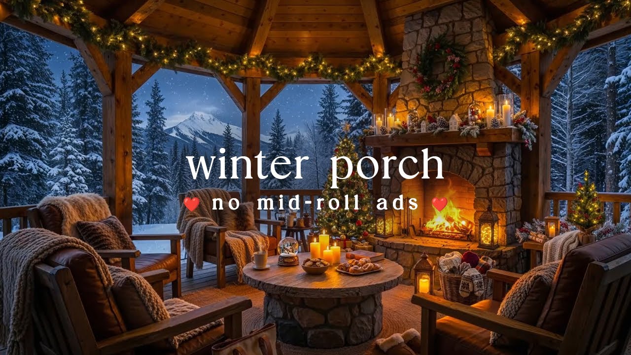 ❄️ Winter Porch Jazz (NO MID-ROLL ADS) – Cozy Fireplace Ambience for Relaxation & Focus