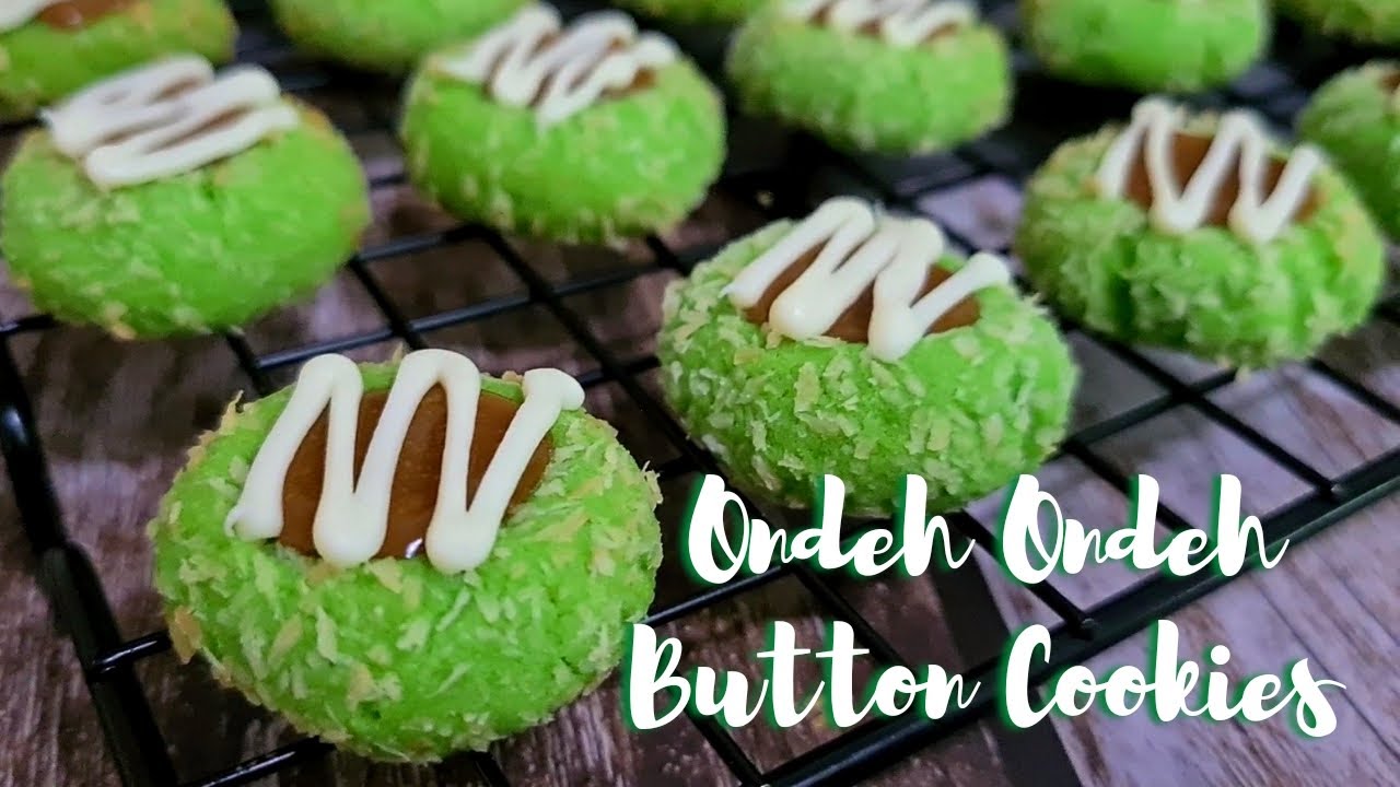 Biskut Pandan Gula Melaka | Ondeh Ondeh Button Cookies with Gula Melaka Caramel | Rahiza Dorah