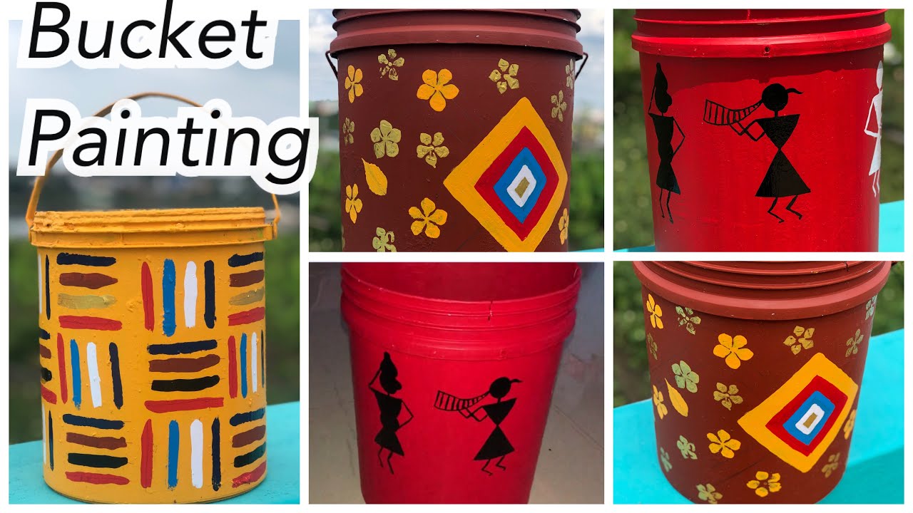 Painting on waste Paint bucket with leftover Paint | Warli Art | Pattern Drawing | Flower Art | DIY