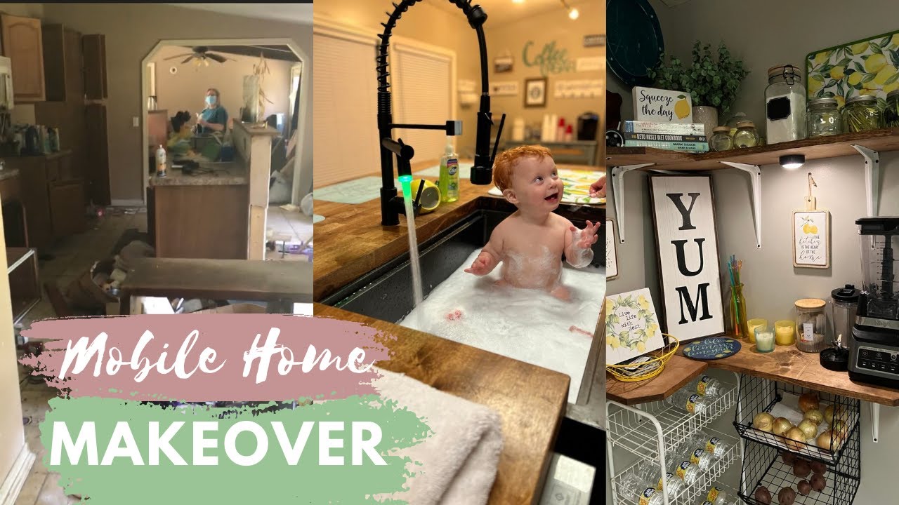Mobile home makeover on a budget!! Modern farmhouse style kitchen remodel! Butcher Block countertops